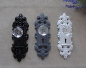 Decorative GRAY BLACK or WHITE Cast Iron Door Plate with Glass Knob Vintage style Keyhole Old World Wall Hook Curtain Tie