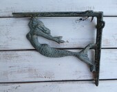 Set of 2 MERMAID Brackets - Aqua Green Patina Gold Accents - Cast Iron Shelf Brackets - Mystical Old World Rustic - Wall - Corner Trims