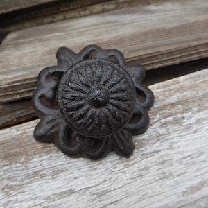 Cast Iron Knob with Flourish Ornate Back Plate Base Drawer Pull Rustic Cottage Farmhouse