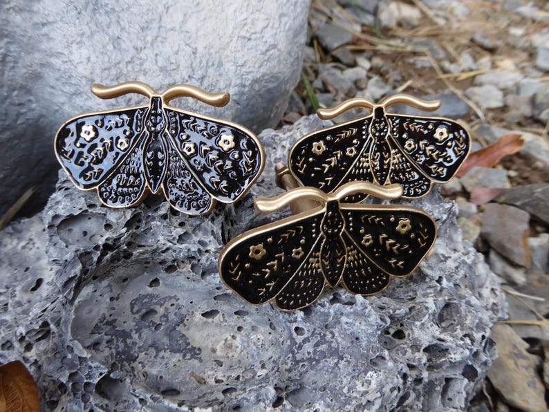 Insect Inlays Black and Gold Enamel Inlay BUTTERFLY Knob Drawer Pull Cottage Garden ...