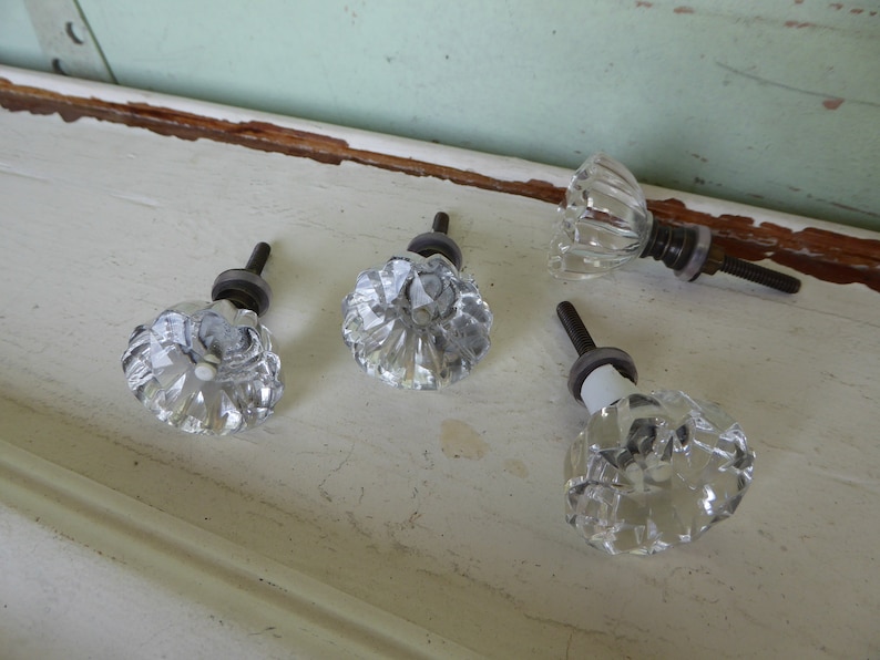 Flare Cut Flower Bud Star Clear GLASS Knob Drawer Pull Rustic Romantic Country image 2