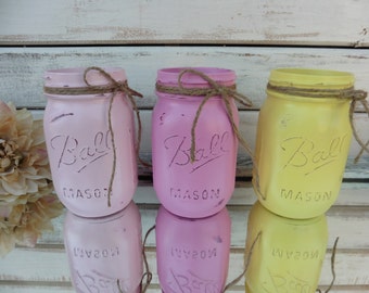 CHOOSE COLOR "Spring Bouquet" Pink & Yellow Distressed Ball Jars - Painted Mason Jar Vase Wedding Centerpiece Decor