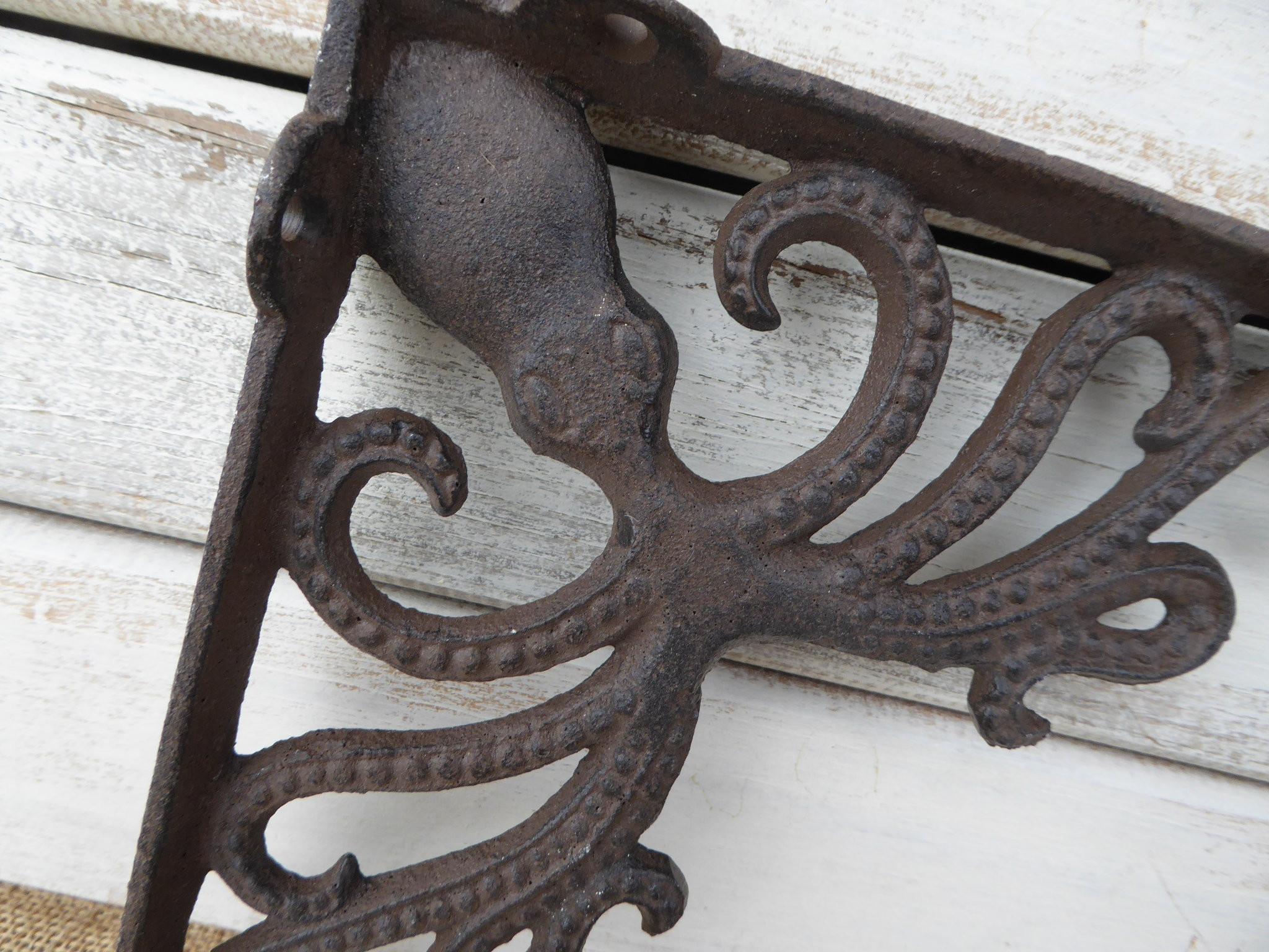 SET OF TWO Octopus Cast Iron Wall Shelf Brackets  Nautical Beach House Decor 