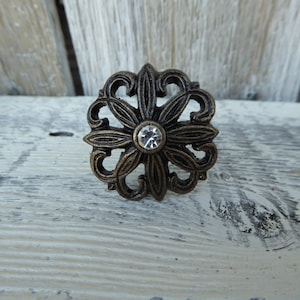 Antique Bronze with Rhinestone Flower Metal Drawer Pulls Knobs YOU CHOOSE ~ Romantic Country Shabby Chic Home Decor