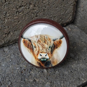 May include: A round wooden knob with a brown frame and a clear glass insert featuring a watercolor painting of a Highland cow with a white and brown coat.