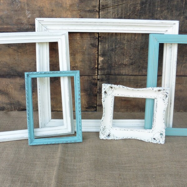 5 Hand Painted Open Wood Frames ~ White & Aqua Teal Distressed ~  Collage Collection Wedding Events Home Decor ~ Set of 5 Wall Frames