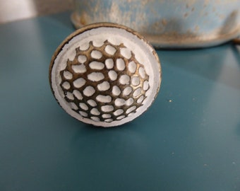 Round Antique Bronze with White Distressed Dimpled Hammered Metal Knob Drawer Pull - Rustic VintageUrban Modern