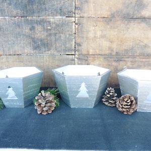 Set of 3 Silver Wood Candle Holder Planter Box - Holiday Christmas Home Decor ~ Tree Cut-out Design