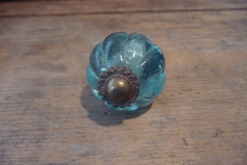 Aqua Blue CRYSTAL GLASS Knob Pumpkin Pattern Vintage Etsy
