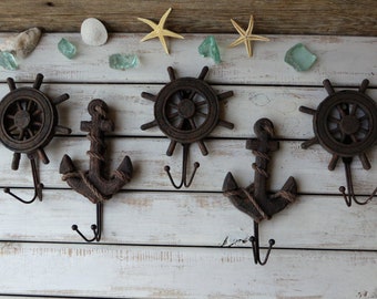 Lot of Nautical Themed Wall Hooks Rusty Ship Wheel and Anchor Hooks Rustic Wood look Coastal Beach