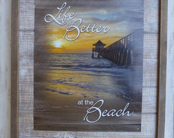 Das Leben ist besser am Strandholz & Metall gerahmt Zeichen und Dock Klampe Wandhaken ~ Wandbehang ~ rustikalen nautischen Küsten Strand Haus Dekor