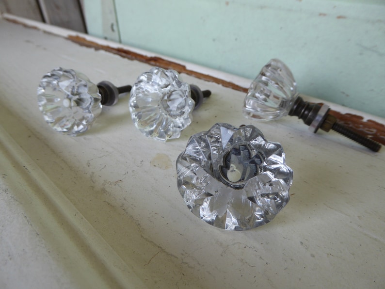 Flare Cut Flower Bud Star Clear GLASS Knob Drawer Pull Rustic Romantic Country image 3