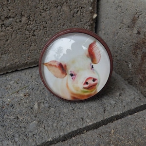 May include: A close-up of a round, wooden knob with a clear glass insert featuring a watercolor painting of a pink piglet's face.