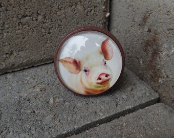 PIG Drawer Pull Wood & Glass Knob ~ Country Farm Dairy Animal knob ~ Farmhouse Dresser Cabinet Decor