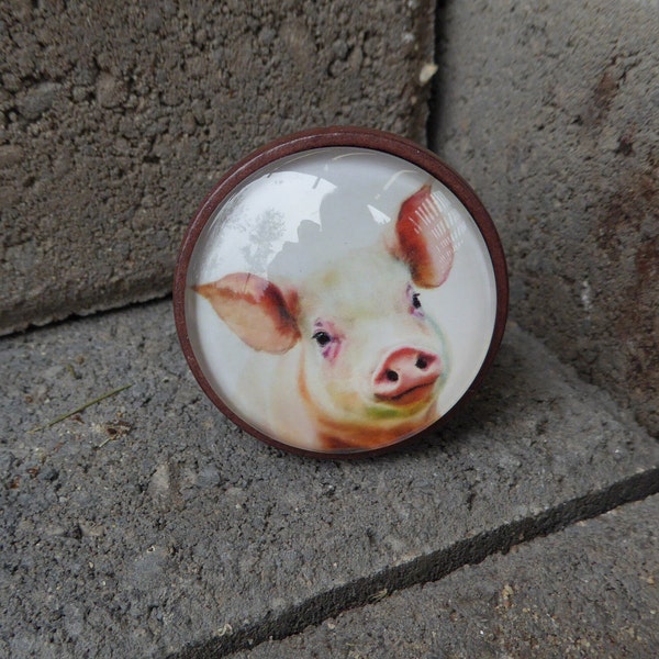 PIG Drawer Pull Wood & Glass Knob ~ Country Farm Dairy Animal knob ~ Farmhouse Dresser Cabinet Decor