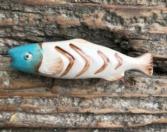 Aqua Ceramic FISH Knob -Bass Perch Trout Decorative Dresser Drawer Pull - Nautical Fishing Fisherman Cabin Nature Home Decor