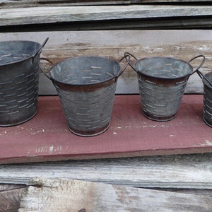 Set of 4 Small Rusty Metal Olive Bucket Baskets Rustic Home Kitchen Decor Urban Farmhouse Industrial Fixer Upper
