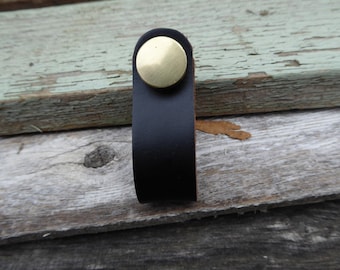 Black Leather Loop with Gold Center Button Pull Handle Knob Sleek Urban Modern Industrial Solid Heavy Duty DIY Hardware