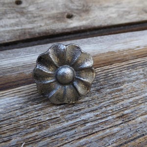 May include: A silver-toned, flower-shaped cabinet knob with a central, rounded detail. The knob is set against a weathered, wooden surface with visible grain. The floral design adds a decorative touch to furniture.