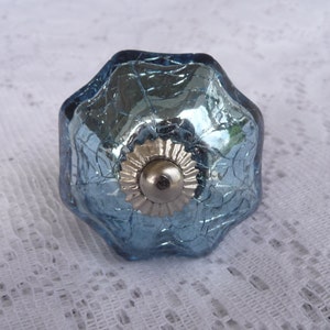 Blue Mercury Glass Scallop Crackle Pumpkin Knob with Metal Base Blossom Drawer Pull - Rustic Romantic Country
