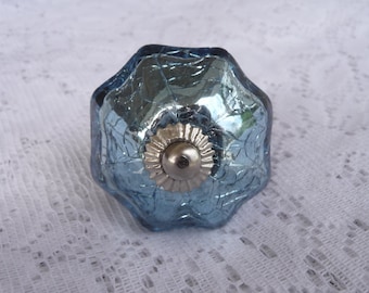Blue Mercury Glass Scallop Crackle Pumpkin Knob with Metal Base Blossom Drawer Pull - Rustic Romantic Country