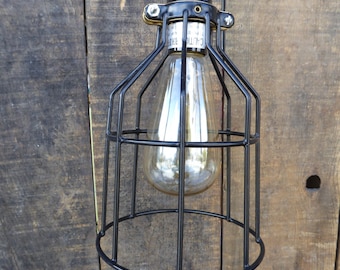 Hanging Black Metal Wire Cage Basket Pendant Light Fixture  Industrial  Edison Bulb  Mid Century Modern Urban Farmhouse  Home Decor Lighting