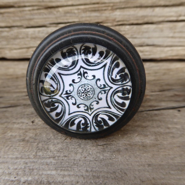 Cast Iron Black with Black and White Glass Pattern Knob - Drawer Pull - Romantic Old World Medieval