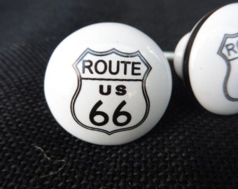 Pomello in ceramica con insegna Route 66 - Maniglia per cassetto/armadio - Pomelli in metallo per auto, garage, decorazione - Vintage, nostalgico, classico USA