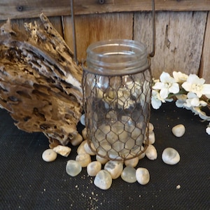 Small Glass Jar with Rust Chicken Wire Hanger Candle Holder Vase Country Home Decor ~  Primitive Urban Rustic Farmhouse Flower Vase