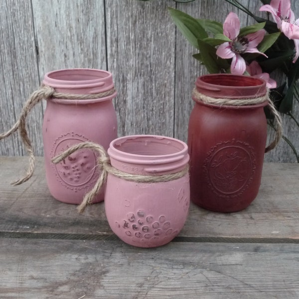 3 Custom Maroon, Mauve Rose - VINEYARD - Distressed Ball Jars & Jelly Jar Set - Annie Sloan Chalk Painted Mason Jar