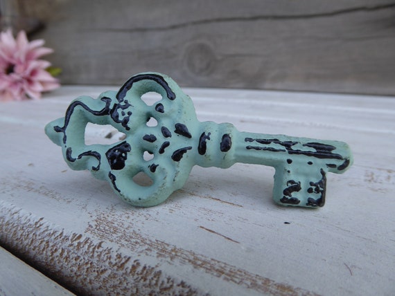 Distressed Rustic Aqua Skeleton Key Knob Drawer Pull Cottage Etsy