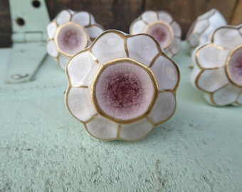 Soft Pink White and Gold Trim Flower Floral Ceramic Knob Drawer Pull ~ Home Decor Dresser Cabinet ~ Elegant Romantic
