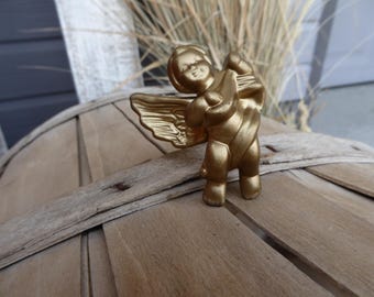 Cherub Angel Gold Metal Knob Drawer Pull ~ Old World Romantic French Country Religious Cherub playing Instrument