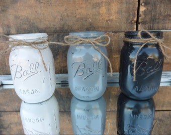 CHOOSE COLOR "Smokey Marble" light Gray Charcoal Distressed Ball Jars - Painted Mason Jar Vase Wedding Centerpiece Decor