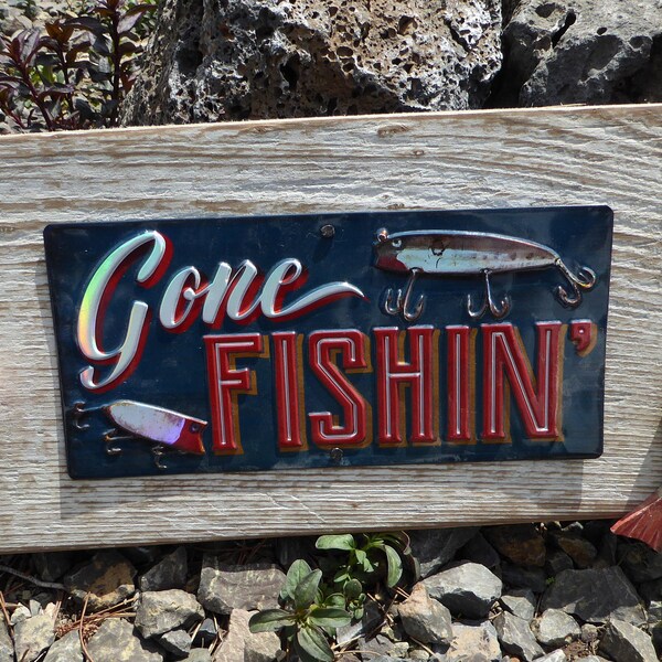 GONE FISHING Wood Sign ~ Reclaimed Barn Wood with Wood Bobbers & Fish Sign Wall Hanging Rustic Distressed Cabin Decor Mancave Lure Fisherman