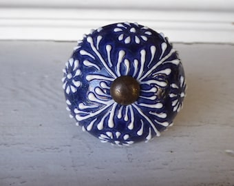 Blue & White Floral Flower Raised Detail Design Decorative Dresser Drawer Pull Knob - Modern Romantic Country