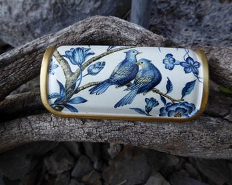Blue Bird on Branch and Flowers Floral Curved Drawer Pull Handle Blue White with Gold  Elegant Romantic Vintage Style Cottage