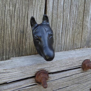 May include: Black metal horse head door knocker mounted on a weathered wooden surface.