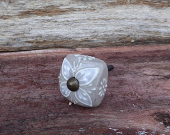 Gray Taupe with  White Square Block Raised Flower Design Ceramic Knob Drawer Pull She Shed Cottage BoHo Romantic Country