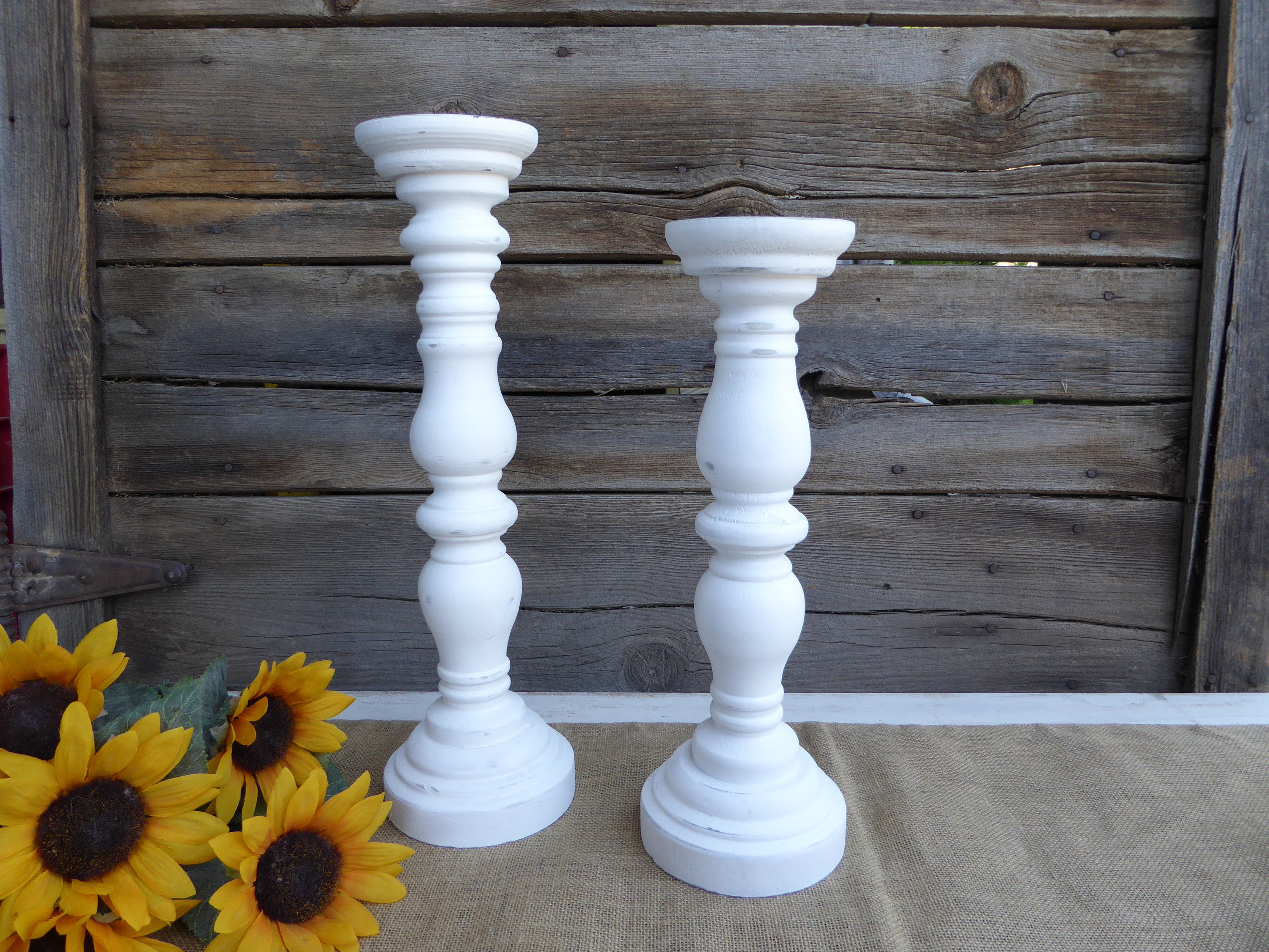 Distressed True White Wood Pillar Candle Holder Stick Etsy