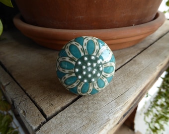 Large Flower Floral Ceramic Knob Drawer Pull Aqua Blue Green and White  Home Decor Dresser Cabinet ~ Elegant Romantic Elegant