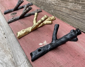 Rustic Tree Branch Wall Hook Cast Iron Metal or Gold or Black Coat Rack Bath Towel Hanger Home Decor