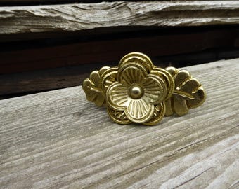 Gold Flower with Leaf Base FLOWER Knob Drawer Pull - Whimsical Rustic Floral Romantic Country DIY Home Decor
