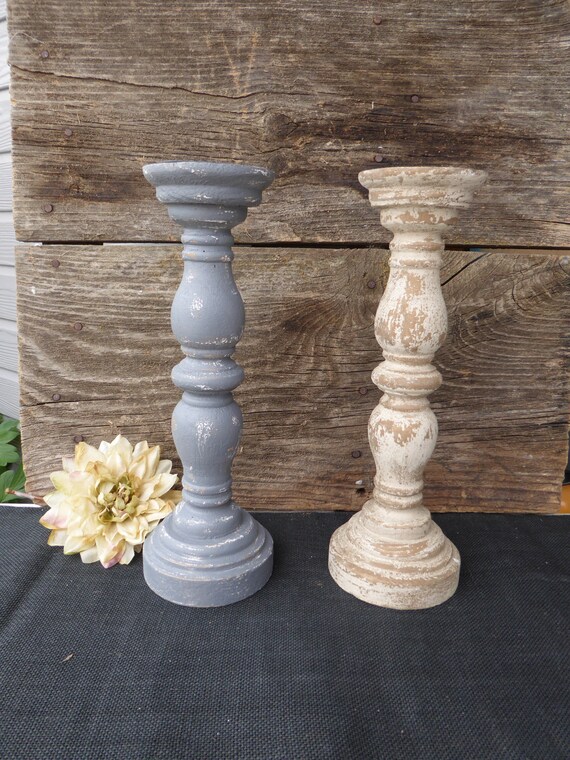 Distressed Gray Or Creamy White Wood Pillar Candle Holder Stick Candlestick Home Urban Farmhouse Modern Vintage French Country Cottage