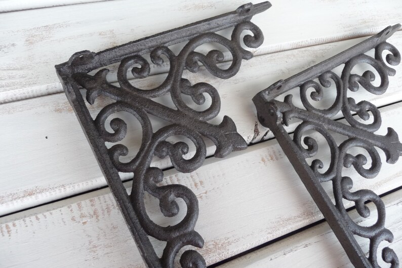 Set of 2 SCROLL Shelf Brackets Choose Cast Iron or Solid Black or White- Tuscan Old World Rustic - Wall Decor - Corner Trims - Home Decor