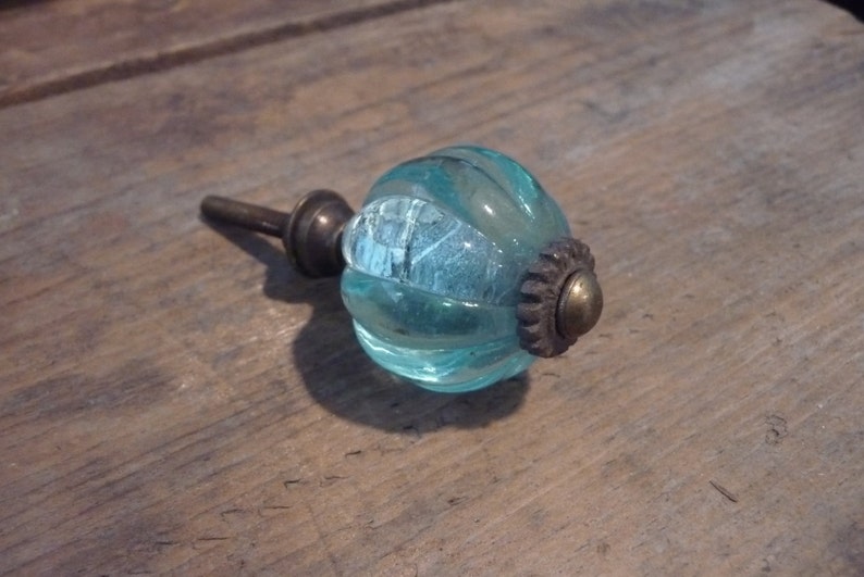 Aqua Blue CRYSTAL GLASS Knob Pumpkin Pattern Vintage Etsy