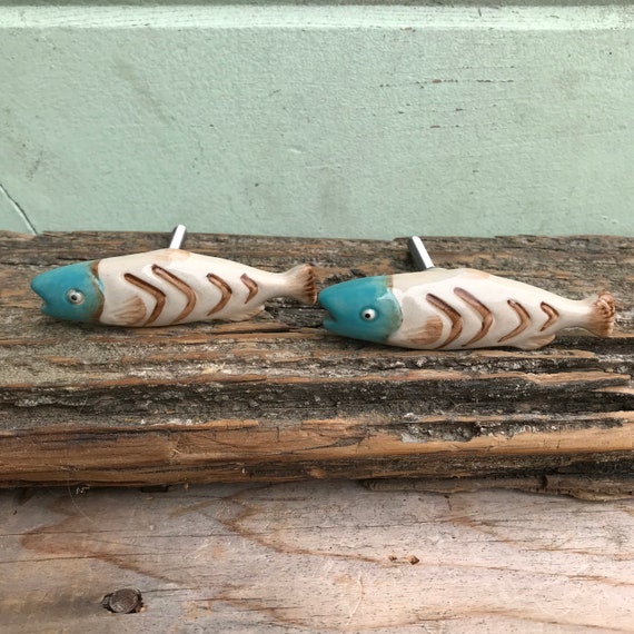 Fishing Cabin Aqua Ceramic FISH Knob Bass Perch Trout Decorative Drawer Pull