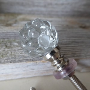 May include: A clear glass knob with a textured, bubble-like design. The knob sits atop a silver-colored metal base with a purple accent. The screw is also silver-colored. The knob is likely for a cabinet or drawer.