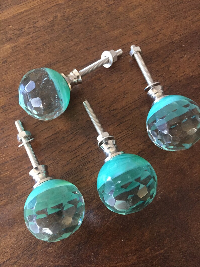 Round Flare Cut Glass Turquoise Aqua Knob Drawer Pull Home Etsy