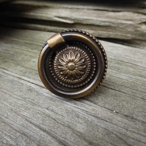 Puede incluir: Un pomo de armario redondo de latón con un diseño floral decorativo. El pomo tiene un tirador de anillo y un borde con cuentas.